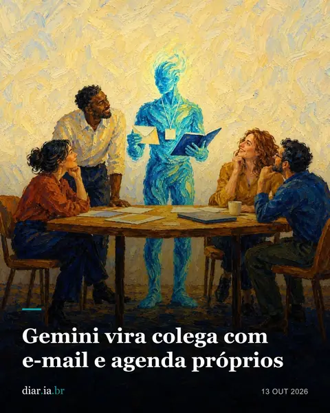 Post da diar.ia.br: pintura de um agente de IA azul em reunião com quatro pessoas e o título Gemini vira colega com e-mail e agenda próprios.