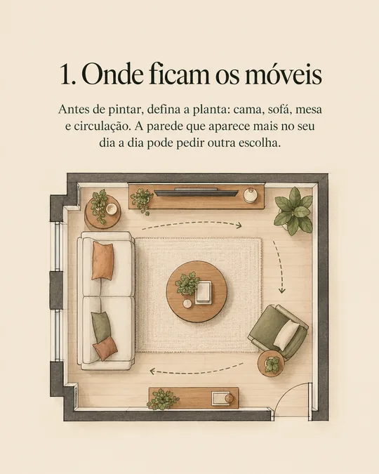 Slide 2: Onde ficam os móveis. Antes de pintar, defina a planta: cama, sofá, mesa e circulação.