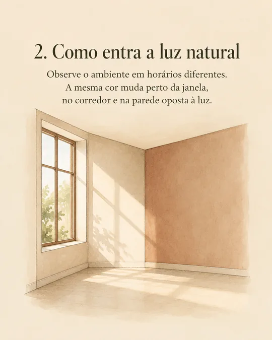 Slide 3: Como entra a luz natural. A mesma cor muda perto da janela, no corredor e na parede oposta à luz.